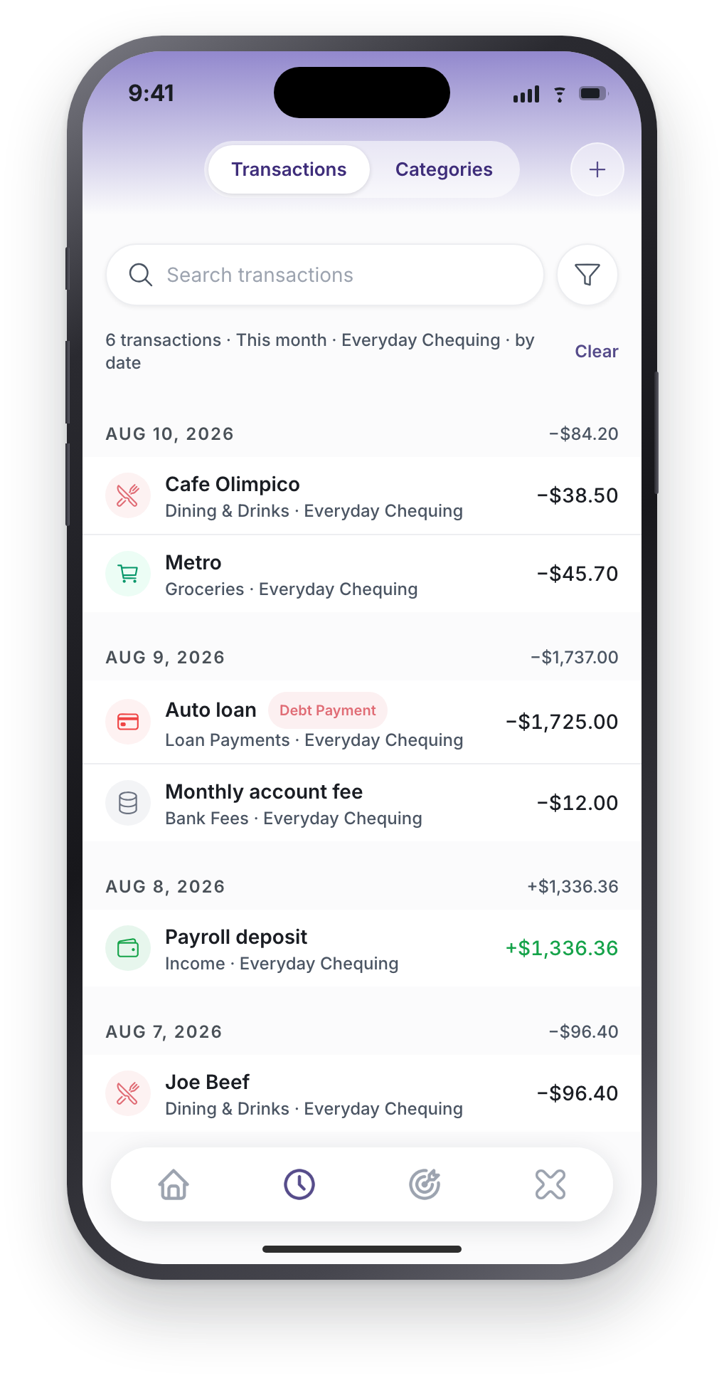 The transactions list showing dated rows including a loan payment marked as a debt payment.