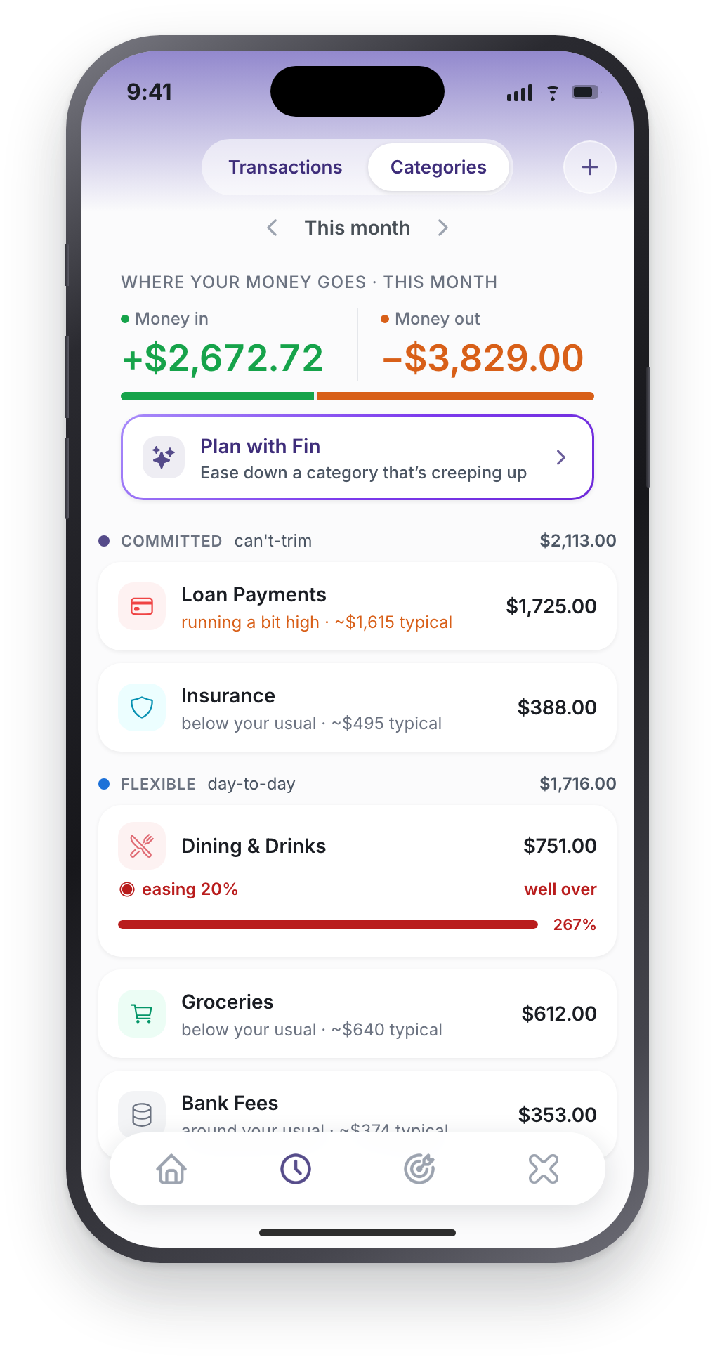 The Categories screen showing spending grouped into committed and flexible, with a focus category marked.
