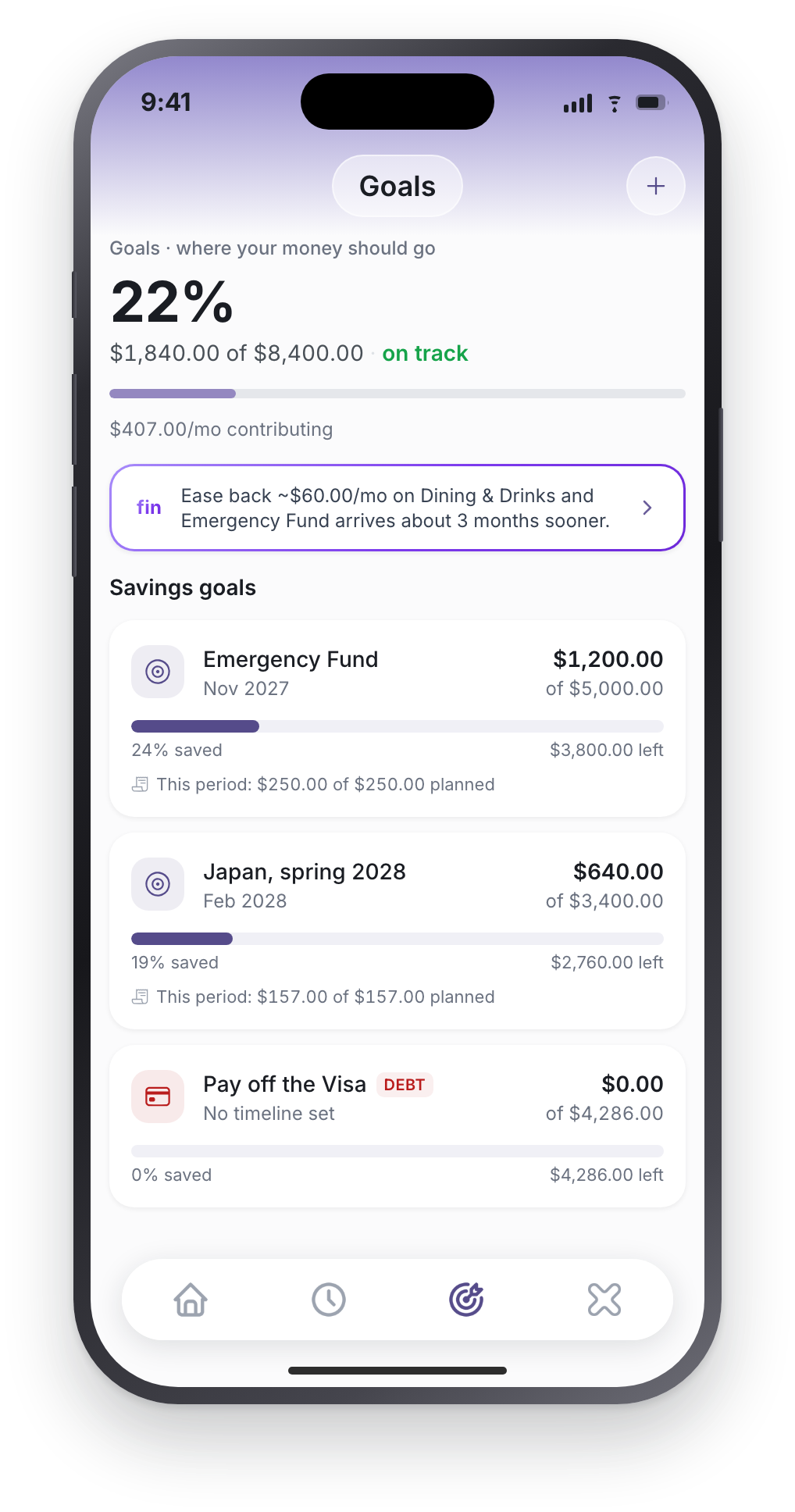 The Goals screen showing Emergency Fund and a Japan trip with progress rings, amounts saved and monthly contributions.